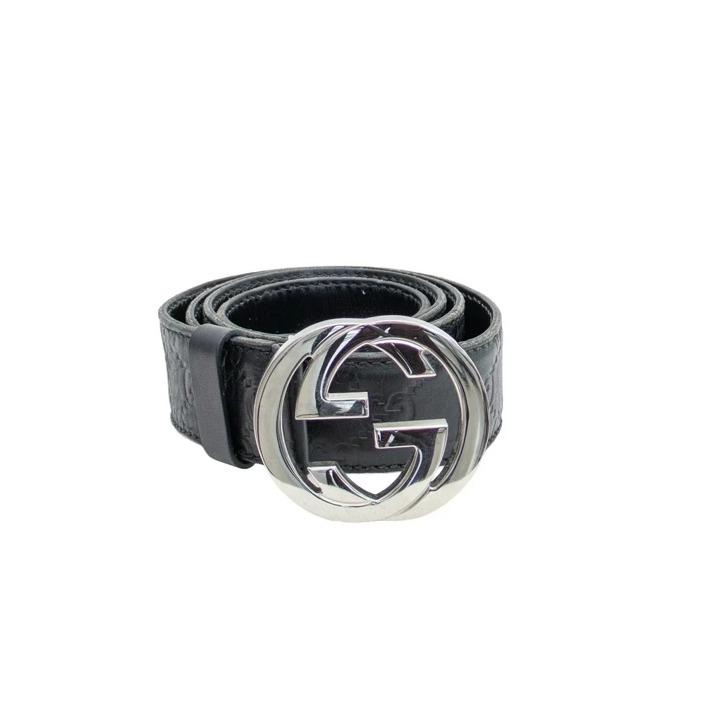 Gucci Men's Interlocking GG Belt Black Leather‎ Silver Buckle Size 95/38